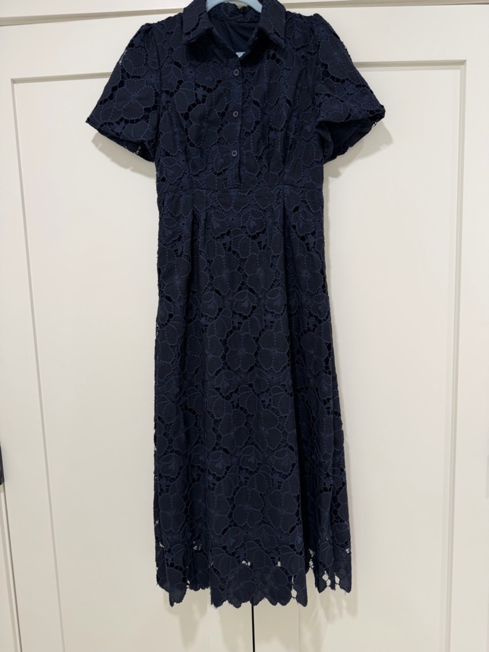 Navy Blue Lace Midi Dress Collared Button Front Size M NWOT